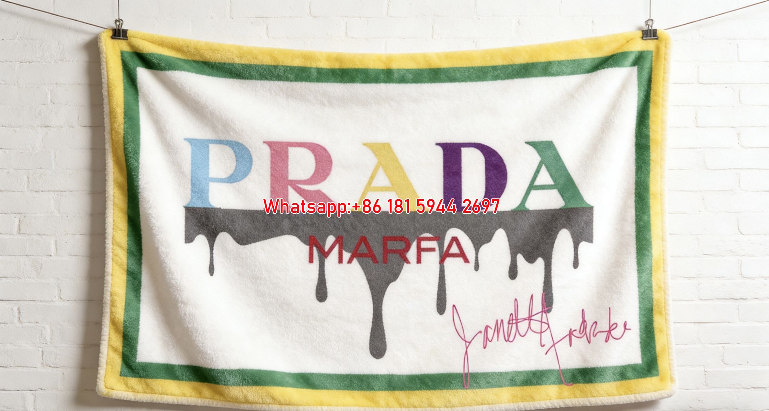 Prada Marfa Drip Multicolor Print Yellow Green Border Fleece Sofa Throw Blanket IMG_2707